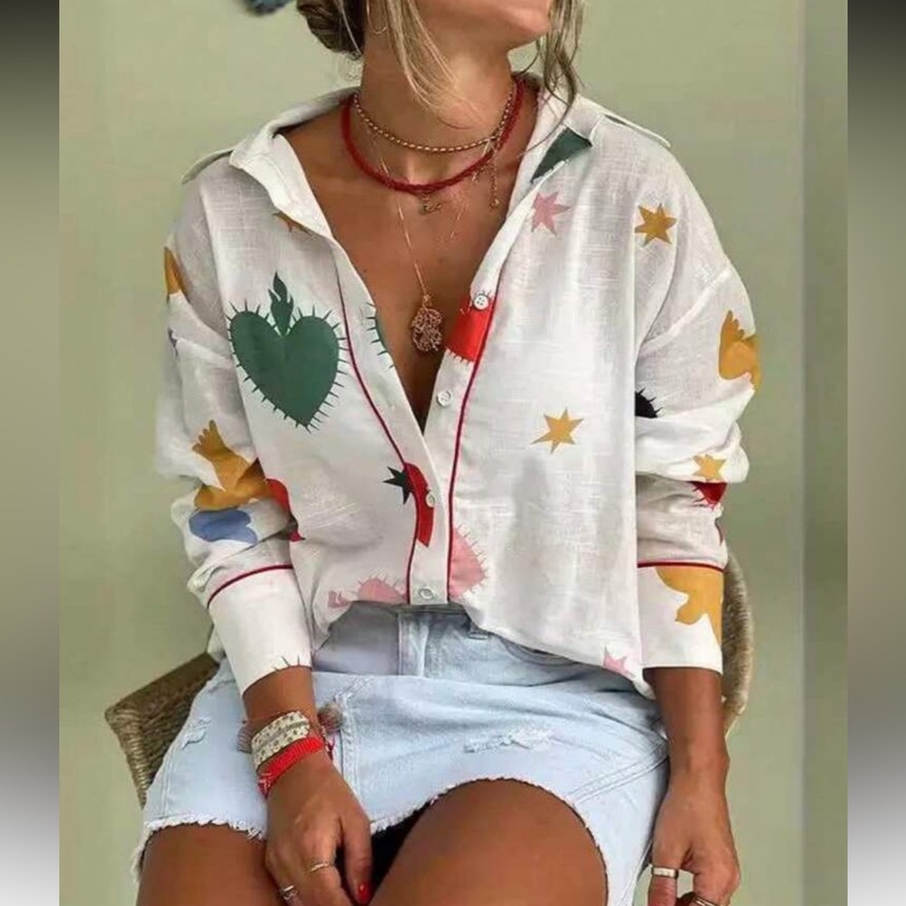 Classic Plus Size White Heart Star Print Button Up Down Shirt Top Blouse New